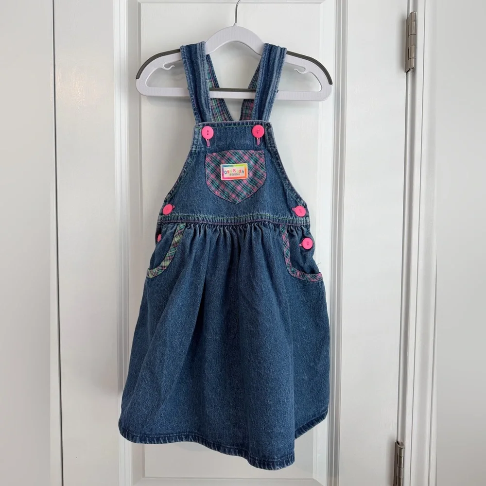 Vintage OshKosh Made in USA Girls Denim Neon Plaid Dress Size 6